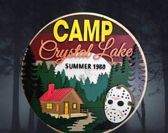 Camp Crystal Lake Jason Mask Wood Sign, Friday the 13th Horror Decor (12")