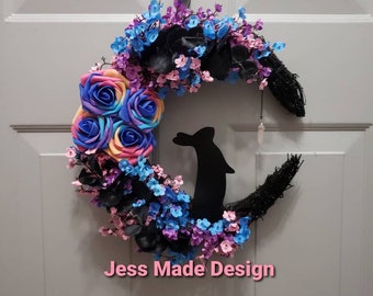 Gothic Bunny Moon Wreath, Rainbow Floral Crescent Moon Decor