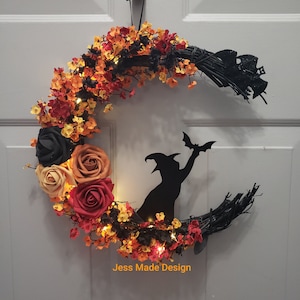 Witch Cat Moon Wreath, Halloween Wreath, Fall Wall Decor,  Bat Wreath, Spooky Gift, Witchy Cat Wreath, Gothic Door Decor, 14&quot;