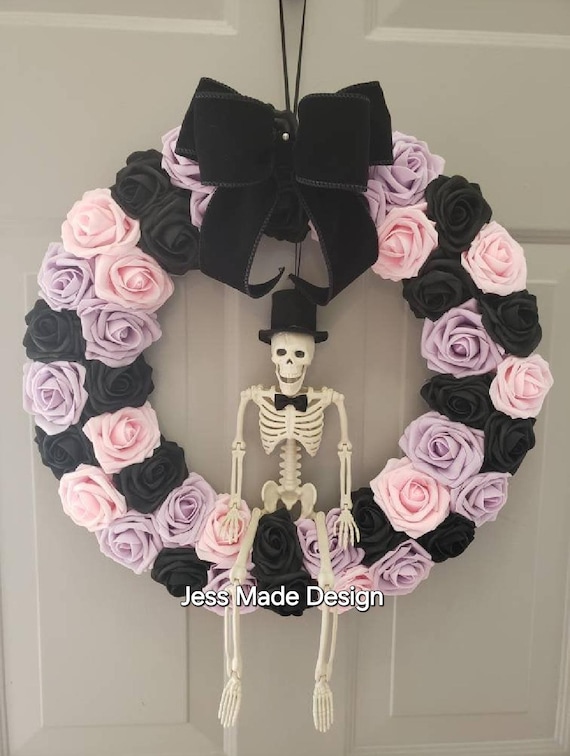 Pastel Gothic Rose Wreath: Spooky Skeleton Halloween Decor