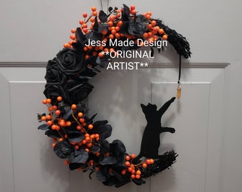 Original Cat Moon Wreath. Orange and Black Moon Wreath. Black Cat Wall Decor. Halloween Wreath. Crystal Moon Wreath. Fall Decor. 14&quot;