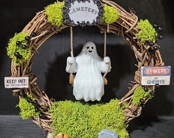 Ghost on a Swing Wreath: Spooky Halloween Decor, 8"