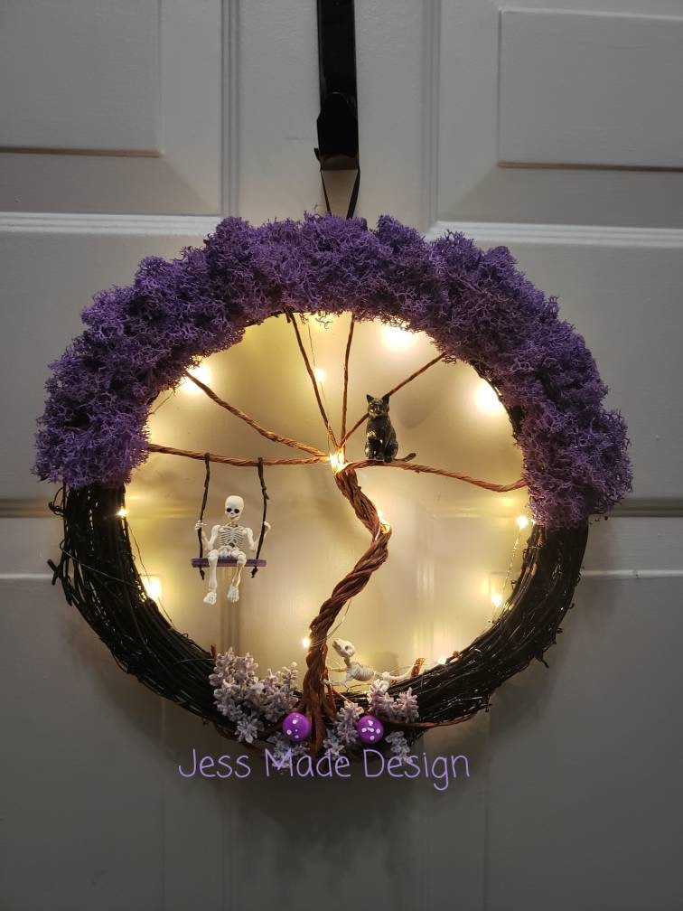 Gothic Tree of Life Wreath: Skeleton, Cat, Purple Moss - Halloween Decor