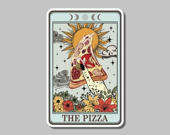 May include: A vintage-style tarot card illustration with a hand holding a slice of pizza. The card is blue with a white border and features a sun, moon, and stars. The text "THE PIZZA" is printed at the bottom of the card.