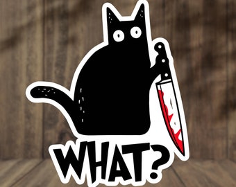 Funny Black Cat with Knife Sticker, Cat Lover Sticker, Waterproof Decal, Halloween Cat, Black Cat, Water Bottle Decal