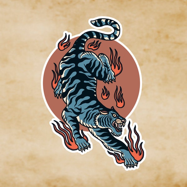 Oriental Tiger Tattoo Style Sticker, Sailor Tattoo Style, Traditional Tattoo, Old School Tattoo Sticker