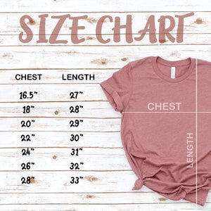 May include: Size chart for a t-shirt with measurements in inches for chest and length. Sizes include XS, S, M, L, XL, 2XL, and 3XL.