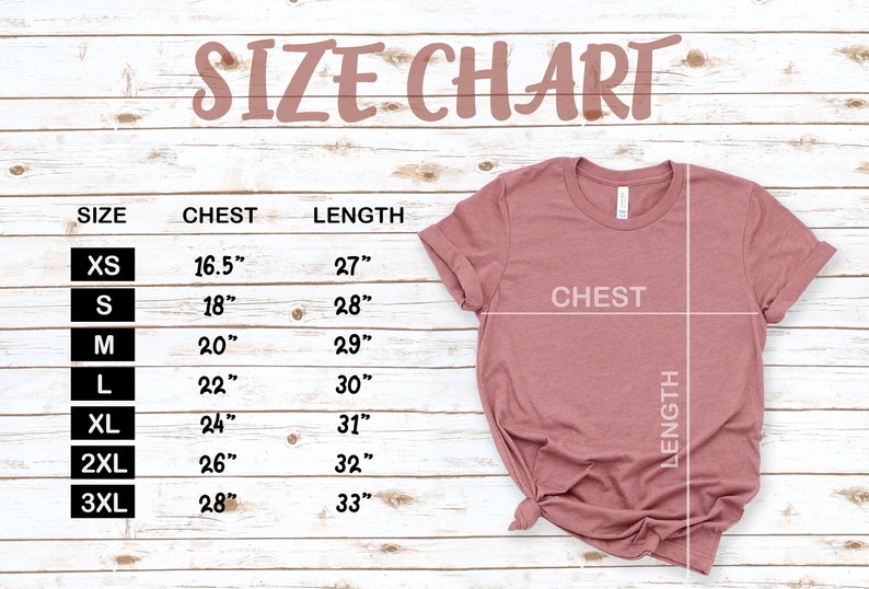 May include: Size chart for a t-shirt with measurements in inches for chest and length. Sizes include XS, S, M, L, XL, 2XL, and 3XL.