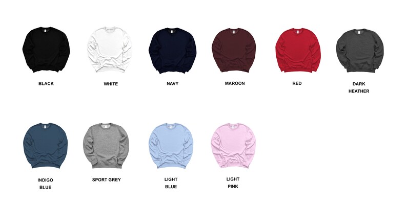 May include: A set of ten crew neck sweatshirts in various colours, including black, white, navy, maroon, red, dark heather, indigo blue, sport grey, light blue, and light pink.