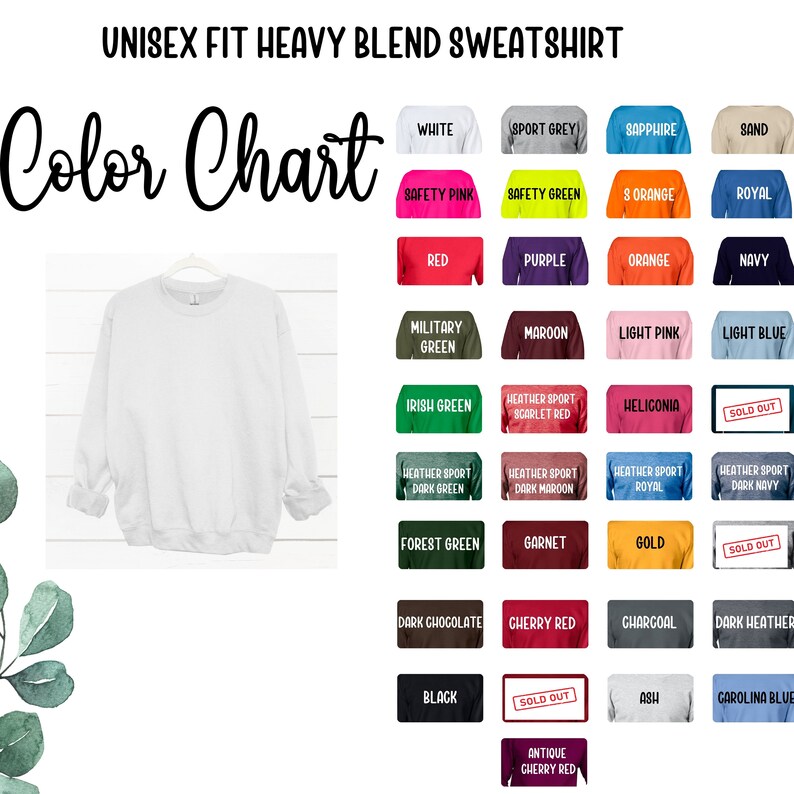 Pode incluir: Carta de cores para sweatshirts de mistura pesada unissex. A carta mostra uma variedade de cores, incluindo branco, rosa de seguran&ccedil;a, vermelho, verde militar, verde irland&ecirc;s, verde floresta, chocolate escuro, preto, cinza esportivo, verde de seguran&ccedil;a, roxo, marrom, vermelho escarlate esportivo, marrom escuro esportivo, gren&aacute;, vermelho cereja antigo, safira, laranja, laranja, rosa claro, heliconia, dourado, carv&atilde;o, cinza, areia, azul royal, azul marinho, azul claro, azul royal esportivo, azul marinho escuro e azul Carolina.