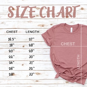 May include: Size chart for a t-shirt with measurements in inches for chest and length. Sizes include XS, S, M, L, XL, 2XL, and 3XL.