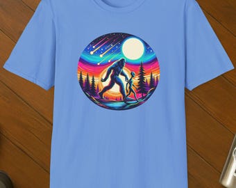 Bigfoot & Alien T-Shirt: Cosmic Night Sky, Retro Sasquatch Tee