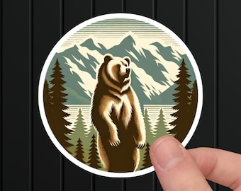 Standing Grizzly Bear Mountain Sticker, Wilderness Camping Decal, Outdoor Adventure Art