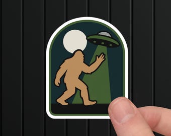 Bigfoot UFO Encounter Sticker: Retro Sasquatch Alien Decal