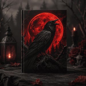 May include: A hardcover book featuring a detailed illustration of a black raven perched on a dark, gnarled tree branch. The background displays a large, vibrant red moon set against a silhouette of a forest, creating a high-contrast scene.