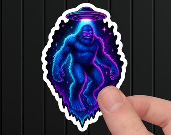 Bigfoot Alien Abduction Sticker, UFO Beaming up Sasquatch Decal, Cryptid Sci-Fi Gift