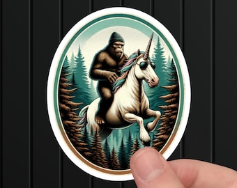 Bigfoot Riding Unicorn Sticker: Funny Cryptid Fantasy Vinyl Decal