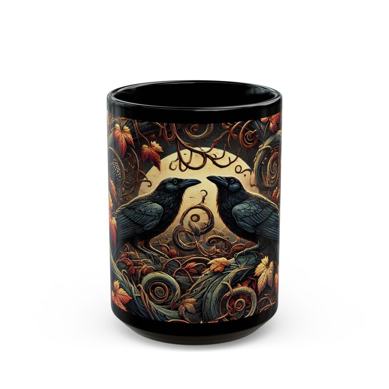 Raven Crow Autumn Mug, Gothic Fall Drinkware, Witchy Moon Ceramic Cup image 2