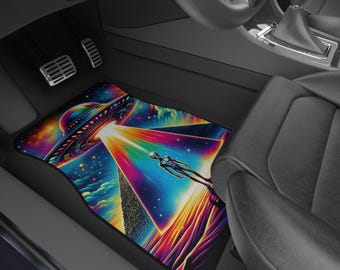 Trippy Alien Spaceship Car Floor Mats: Cosmic UFO Design (Set of 4)