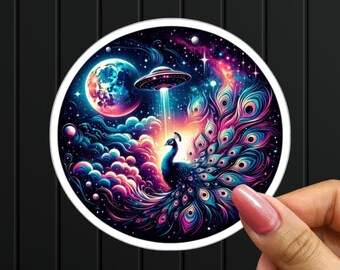 Cosmic Peacock UFO Sticker: Trippy Galaxy Art Decal