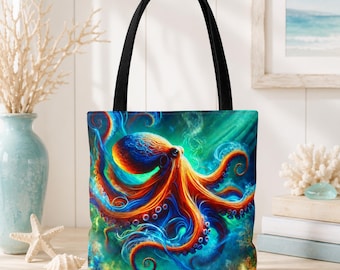 Vibrant Octopus Tote Bag, Colorful Nautical Beach Bag, Ocean Marine Life Shoulder