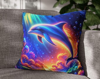 Vibrant Dolphin Throw Pillow Cover, Underwater Coral Reef Coastal Decor