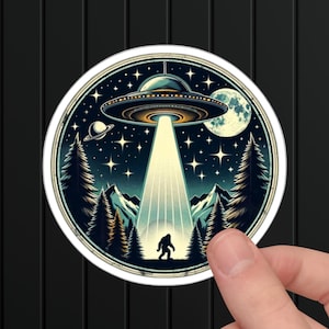 Bigfoot Abduction Sticker: UFO Sasquatch Glossy Vinyl