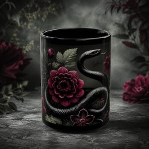 Black Snake Mug, Gothic Floral Coffee Cup, 15oz Serpent Drinkware, Witchy Botanical Decor