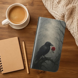 Funda tipo cartera con diseño de cuervo negro gótico y rosa roja, funda tipo cartera de piel sintética con diseño de cuervo gótico, funda Witchcore para iPhone y Samsung.