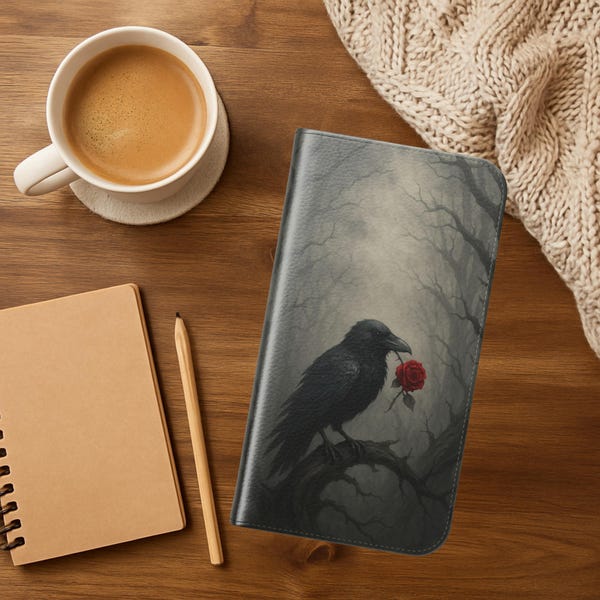 Funda para teléfono de piel sintética con diseño de cuervo gótico y rosa roja
