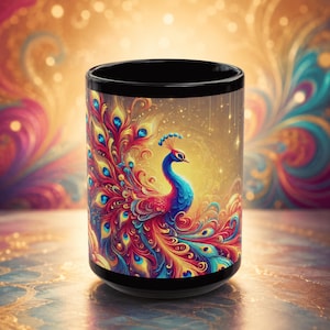 Peacock Coffee Mug, Colorful Bird Cup, 15oz Boho Drinkware, Feather Art
