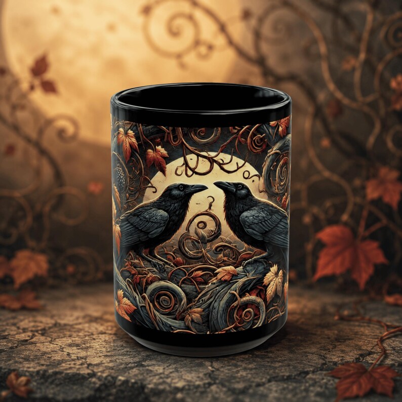 Raven Crow Autumn Mug, Gothic Fall Drinkware, Witchy Moon Ceramic Cup image 1