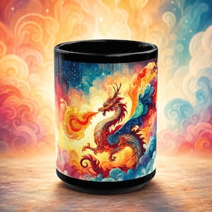 Dragon Mug, Fantasy Coffee Cup, 15oz Mythical Creature Drinkware, Colorful Fire Art