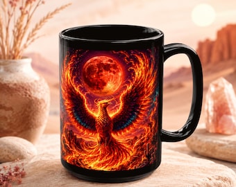 Phoenix Mug, Firebird Coffee Cup, 15oz Blood Moon Desert Drinkware, Wolf Fantasy Art