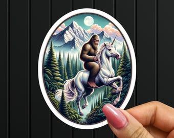 Bigfoot Riding Unicorn Sticker: Fantasy Cryptid Art