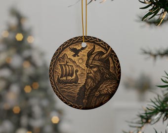 Viking Warrior Ornament: Norse Longship Raven Sun God Ceramic Holiday Decor, Nordic Christmas