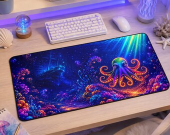 Vibrant Octopus Desk Mat, Underwater Coral Reef Scene, Ocean Workspace Art