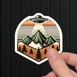 Retro UFO Mountain Sticker, Alien Abduction Outdoor Decal, Sci-Fi Camping Aesthetic,  National Park-Inspired Design, Hiking Adventure Art