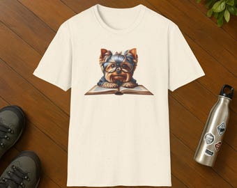 Glasses-Wearing Yorkie Reading Book T-Shirt, Yorkshire Terrier Dog Graphic Tee