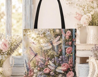 Dragonfly Floral Tote Bag, Botanical Garden Shopping Bag, Cottagecore Style