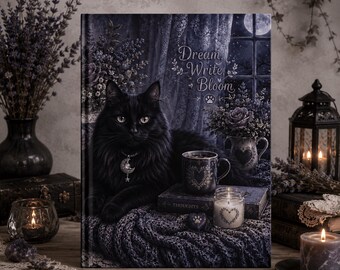 Black Cat Gothic Journal, Dream Write Bloom Hardcover Notebook, Cozy Witchy Style