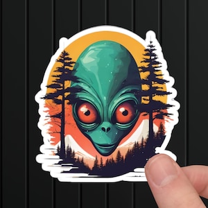 Trippy Alien Head Sticker: Sci-Fi Sunset Forest Art
