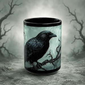 Raven Crow Mug, Gothic Coffee Cup, Dark Academia Bird Drinkware, 15oz Moody Branch Art