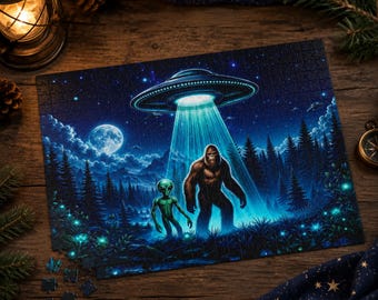 Bigfoot Alien Jigsaw Puzzle, UFO Forest Encounter, Cryptid Family Game Night Activity