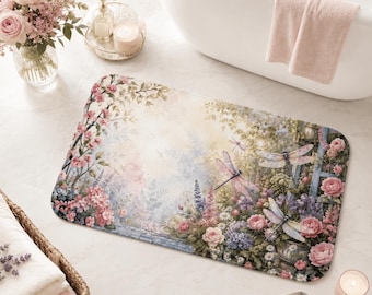 Dragonfly Bath Mat, Memory Foam Bathroom Rug, Non Slip Shower Decor, Cottagecore Floral Accent