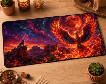 Phoenix Wolf Desk Mat, Southwest Fantasy Gaming Pad for Gamers