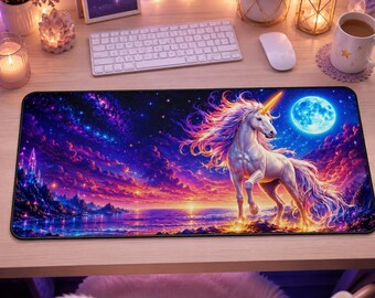 Fantasy Unicorn Desk Mat, Celestial Moonlit Galaxy Office Decor, Gaming Mouse Pad