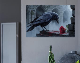 Gothic Raven & Rose Art Print: Dark Fantasy Wall Decor