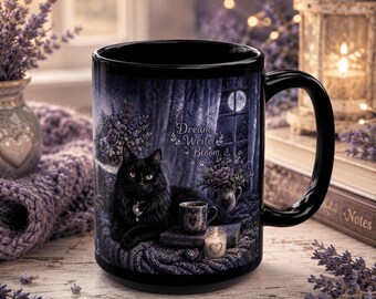 Black Cat Mug, Witchy Coffee Cup, 15oz Writer Drinkware, Whimsigoth Mug