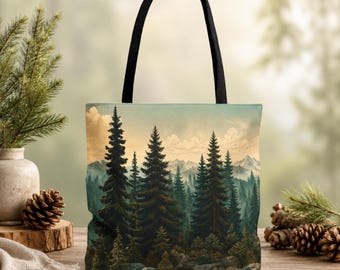 Mountain Forest Tote Bag, Pine Tree Wilderness Nature Scene, Rustic Cabin Shopping Bag